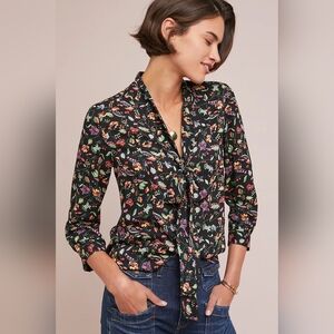 Anthropologie Conversations Colloquial Neckline Knotted Blouse Floral 8